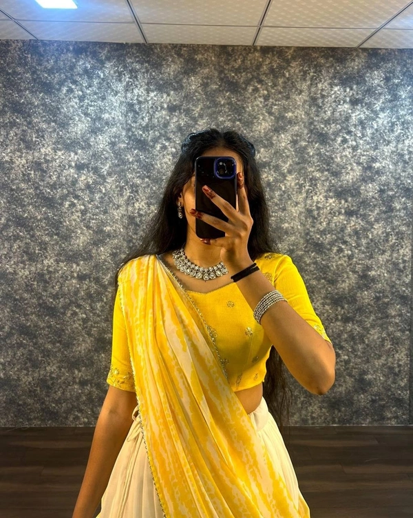 Azorte Fashion Trending Shibori Print Lehenga Choli with Sequins Embroidered Blouse – Elegant & Stylish - Yellow Sea