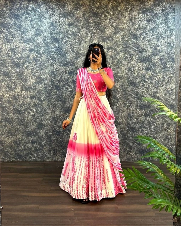 Azorte Fashion Trending Shibori Print Lehenga Choli with Sequins Embroidered Blouse – Elegant & Stylish - Radical Red