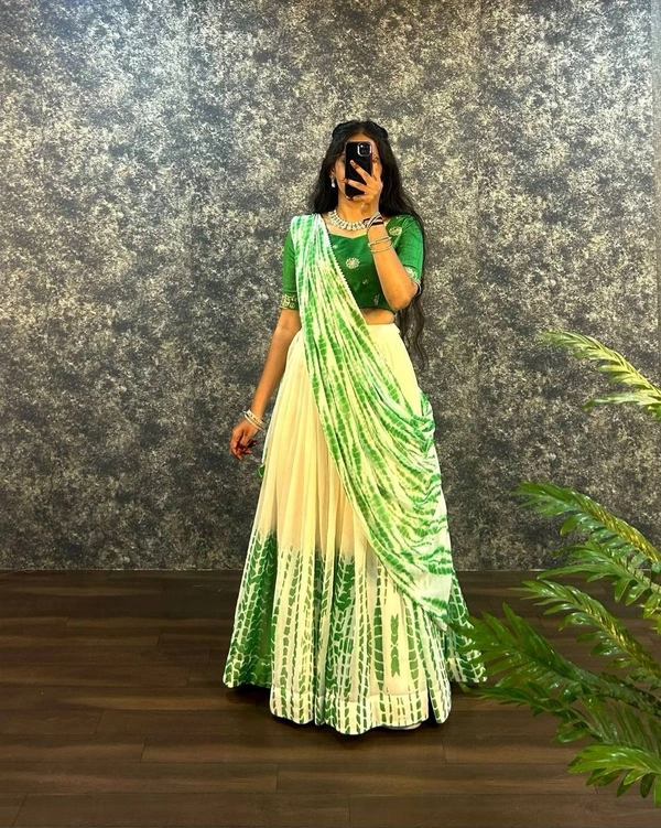 Azorte Fashion Trending Shibori Print Lehenga Choli with Sequins Embroidered Blouse – Elegant & Stylish - Dell