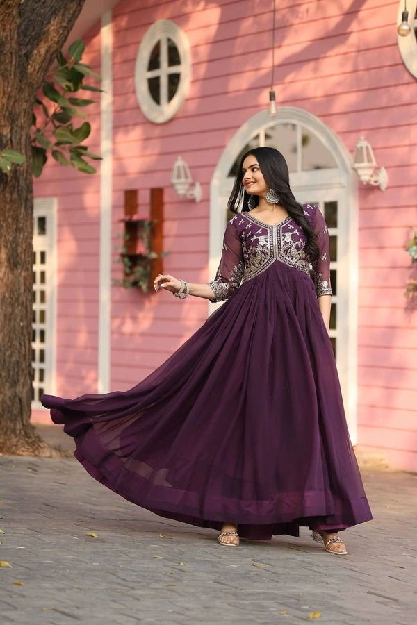 Azorte Fashion New Festival Special Heavy Sequins Work Fox Georgette Long Gown – Fully Stitched - Crater Brown, L