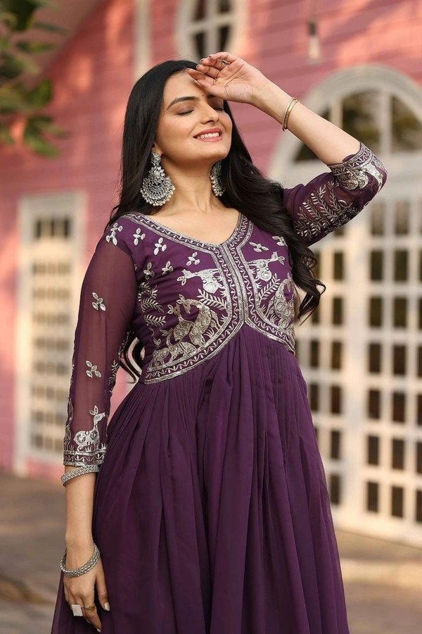 Azorte Fashion New Festival Special Heavy Sequins Work Fox Georgette Long Gown – Fully Stitched - Crater Brown, L
