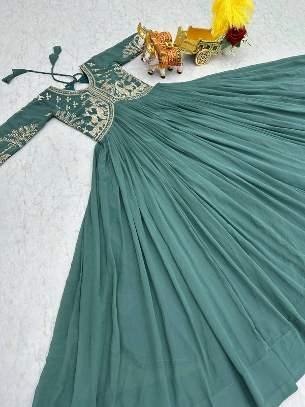 Azorte Fashion New Festival Special Heavy Sequins Work Fox Georgette Long Gown – Fully Stitched - Juniper, XXL