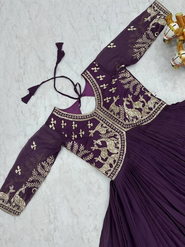 Azorte Fashion New Festival Special Heavy Sequins Work Fox Georgette Long Gown – Fully Stitched - Crater Brown, L
