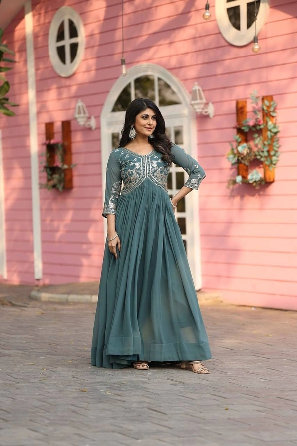 Azorte Fashion New Festival Special Heavy Sequins Work Fox Georgette Long Gown – Fully Stitched - Juniper, XXL