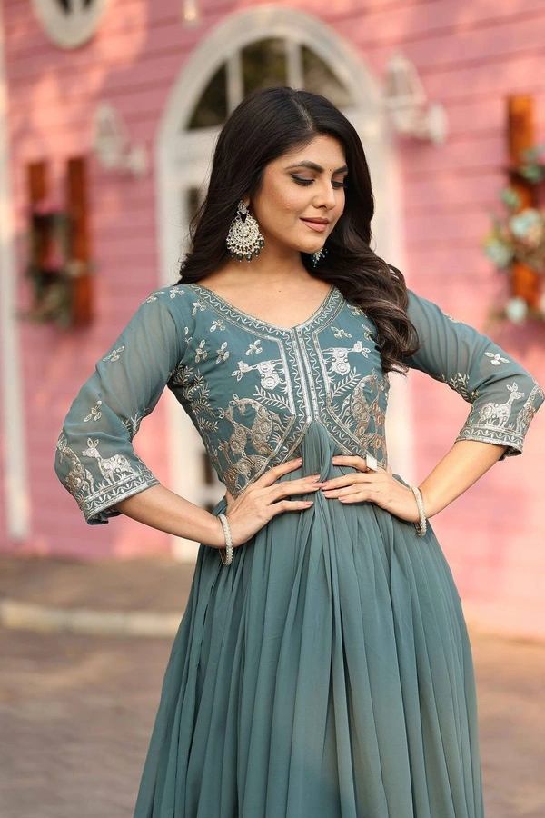 Azorte Fashion New Festival Special Heavy Sequins Work Fox Georgette Long Gown – Fully Stitched - Juniper, XXL