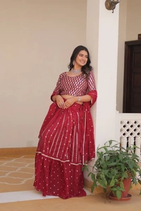Azorte Fashion Wedding Lehenga Choli – Heavy Embroidery 7mm Sequins Work - Cardinal, XXL (44)