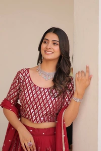 Azorte Fashion Wedding Lehenga Choli – Heavy Embroidery 7mm Sequins Work - Cardinal, XXL (44)