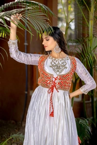 Azorte Fashion New Festival Laheriya Print Long Gown – Pure Chinon with Gotta Patti Work - White, M