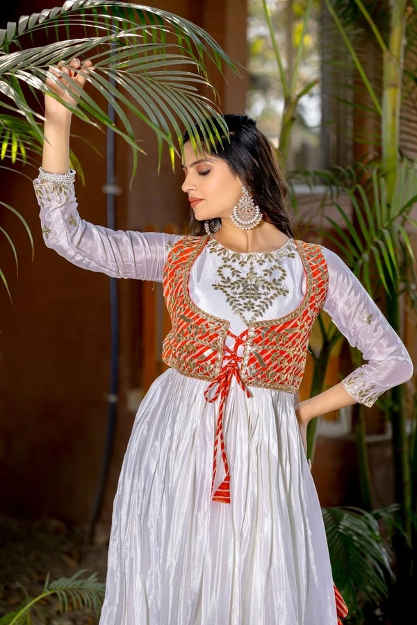 Azorte Fashion New Festival Laheriya Print Long Gown – Pure Chinon with Gotta Patti Work - White, M