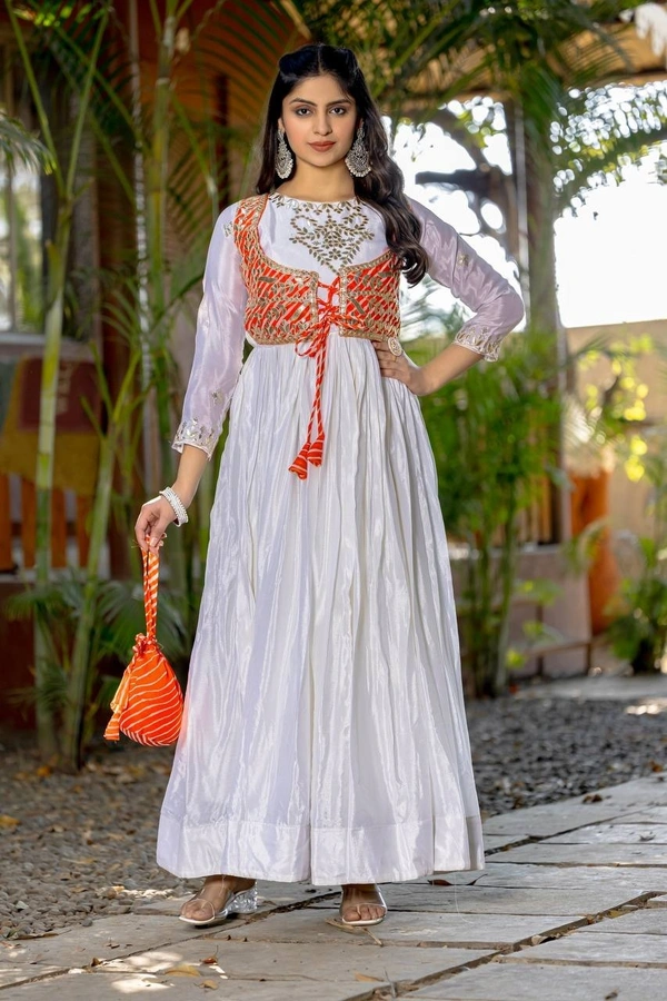 Azorte Fashion New Festival Laheriya Print Long Gown – Pure Chinon with Gotta Patti Work - White, M