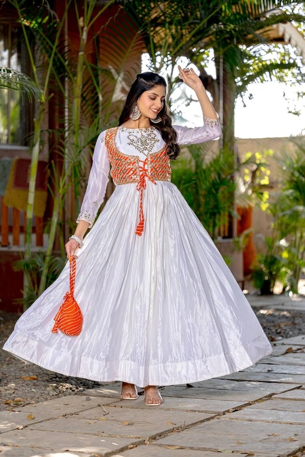 Azorte Fashion New Festival Laheriya Print Long Gown – Pure Chinon with Gotta Patti Work - White, M