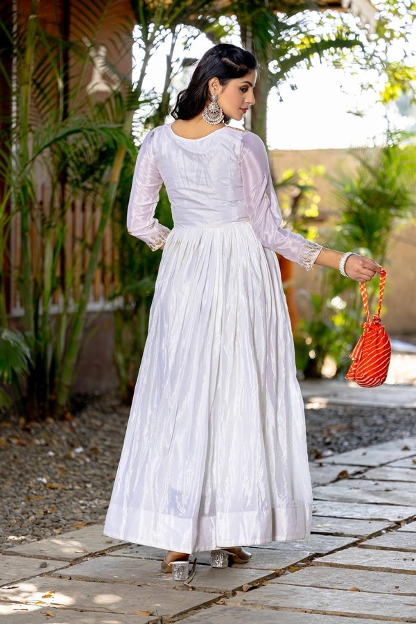 Azorte Fashion New Festival Laheriya Print Long Gown – Pure Chinon with Gotta Patti Work - White, M