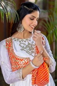 Azorte Fashion New Festival Laheriya Print Long Gown – Pure Chinon with Gotta Patti Work - White, M