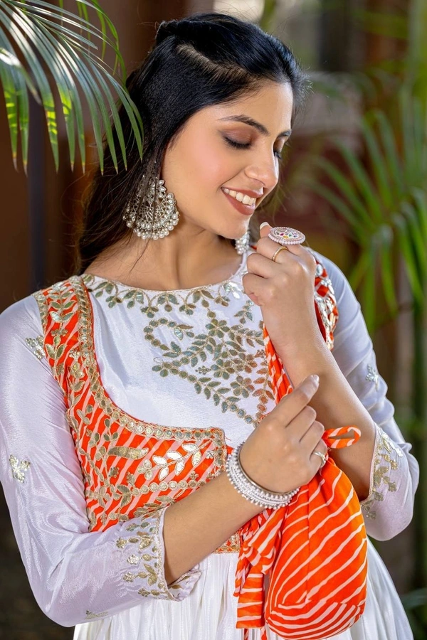 Azorte Fashion New Festival Laheriya Print Long Gown – Pure Chinon with Gotta Patti Work - White, M