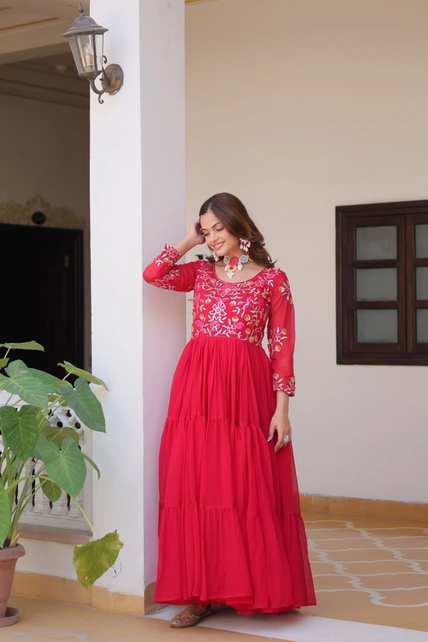 Azorte Fashion New Festival Heavy Sequins Work Fox Georgette Long Gown – Fully Stitched - Crimson, M