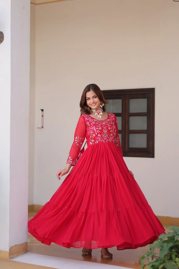 Azorte Fashion New Festival Heavy Sequins Work Fox Georgette Long Gown – Fully Stitched - Crimson, M