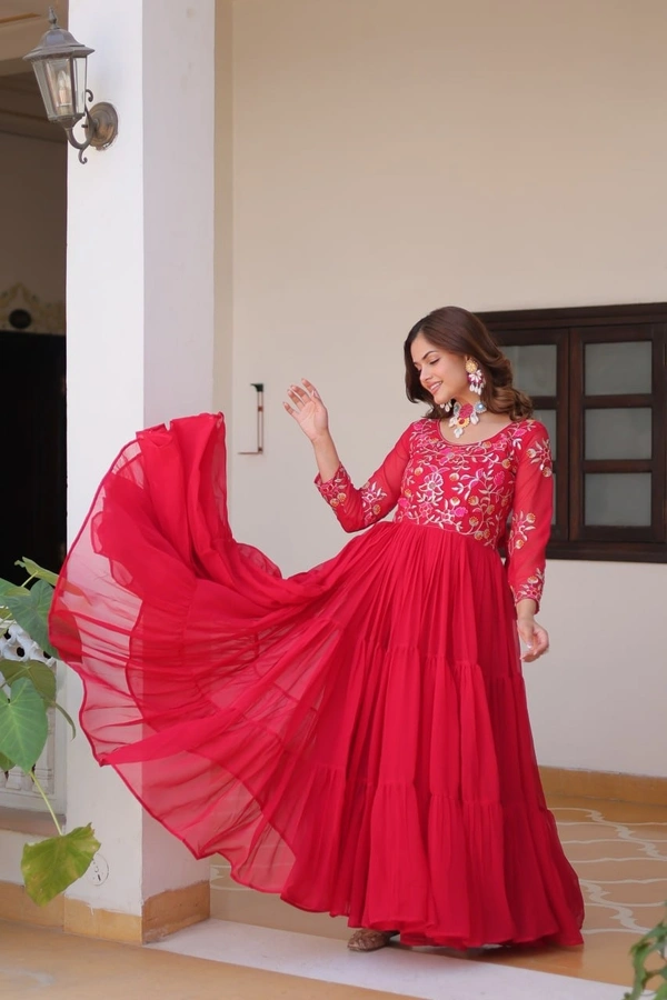 Azorte Fashion New Festival Heavy Sequins Work Fox Georgette Long Gown – Fully Stitched - Crimson, M