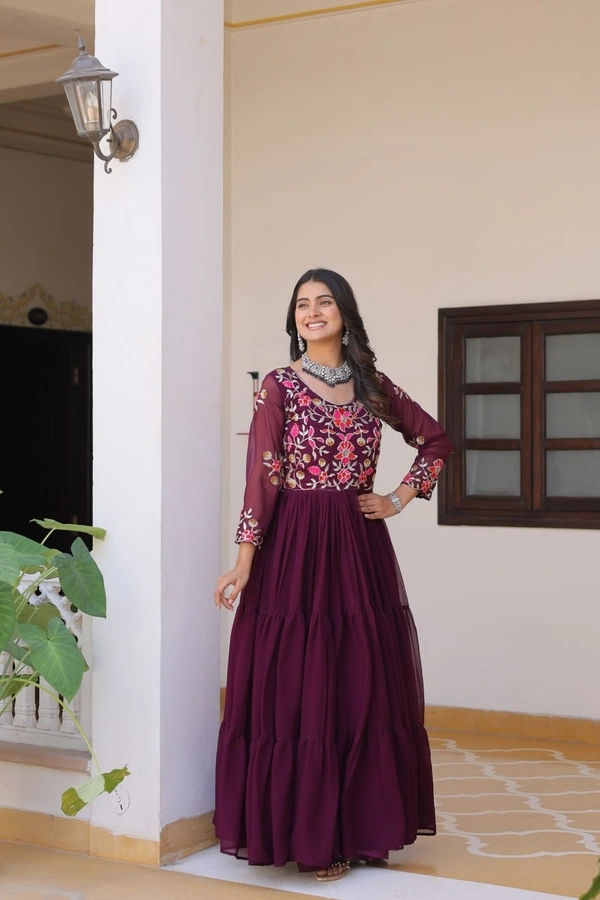 Azorte Fashion New Festival Heavy Sequins Work Fox Georgette Long Gown – Fully Stitched - Aubergine, M