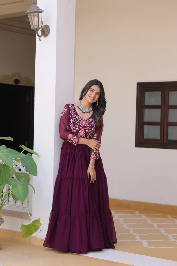 Azorte Fashion New Festival Heavy Sequins Work Fox Georgette Long Gown – Fully Stitched - Aubergine, M