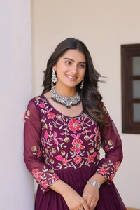 Azorte Fashion New Festival Heavy Sequins Work Fox Georgette Long Gown – Fully Stitched - Aubergine, M