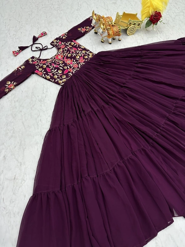 Azorte Fashion New Festival Heavy Sequins Work Fox Georgette Long Gown – Fully Stitched - Aubergine, M