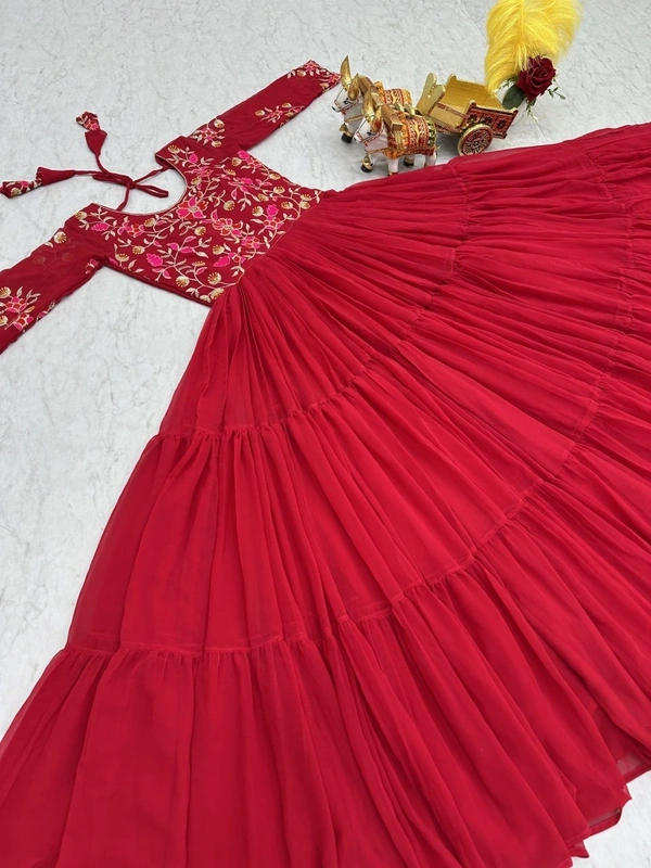 Azorte Fashion New Festival Heavy Sequins Work Fox Georgette Long Gown – Fully Stitched - Crimson, M