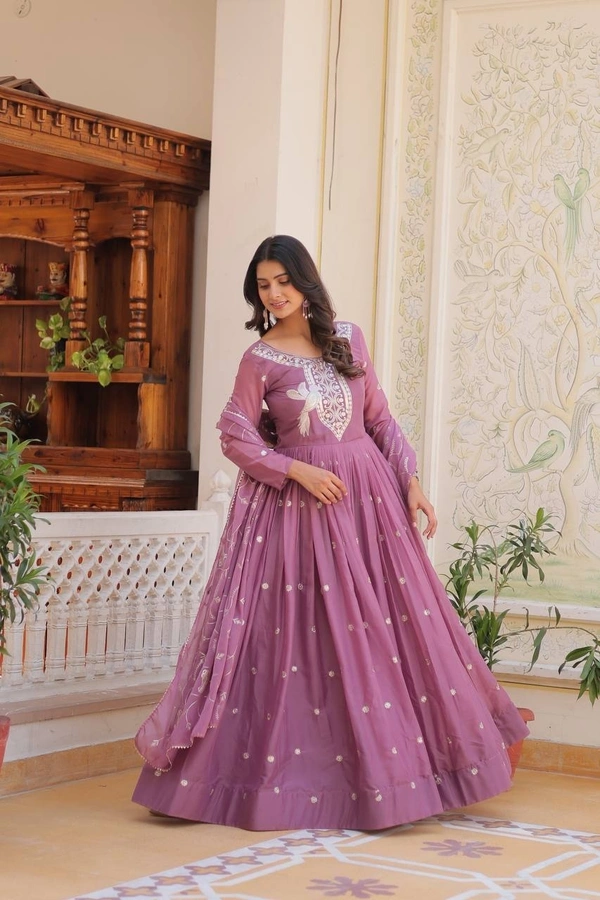 Azorte Fashion New Festival Heavy Sequins Work Star Georgette Long Gown with Dupatta – Fully Stitched - Tapestry, L