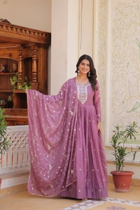 Azorte Fashion New Festival Heavy Sequins Work Star Georgette Long Gown with Dupatta – Fully Stitched - Tapestry, L