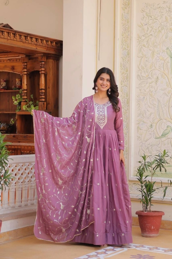 Azorte Fashion New Festival Heavy Sequins Work Star Georgette Long Gown with Dupatta – Fully Stitched - Tapestry, L