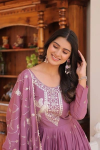 Azorte Fashion New Festival Heavy Sequins Work Star Georgette Long Gown with Dupatta – Fully Stitched - Tapestry, L