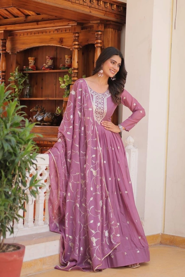 Azorte Fashion New Festival Heavy Sequins Work Star Georgette Long Gown with Dupatta – Fully Stitched - Tapestry, L
