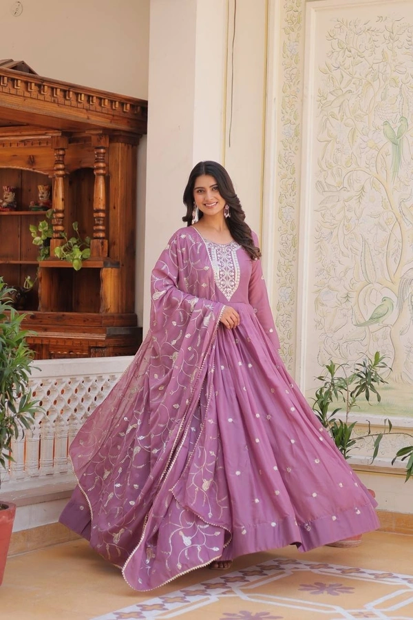 Azorte Fashion New Festival Heavy Sequins Work Star Georgette Long Gown with Dupatta – Fully Stitched - Tapestry, L
