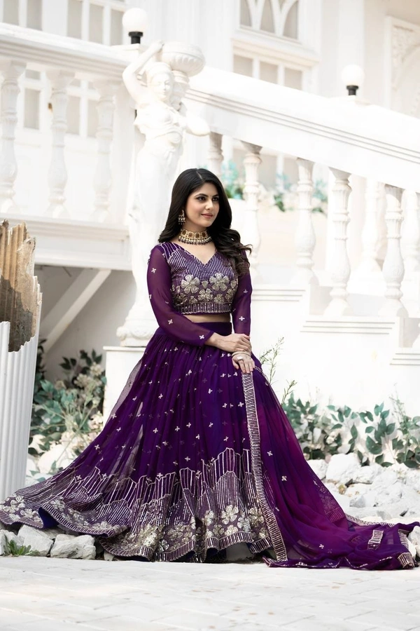 Azorte Fashion New Wedding Heavy Embroidery Sequins Work Fox Georgette Lehenga Choli – Fully Stitched - Honey Flower, L