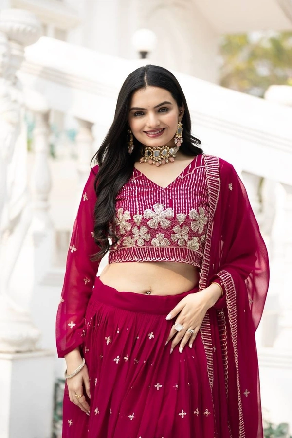 Azorte Fashion New Wedding Heavy Embroidery Sequins Work Fox Georgette Lehenga Choli – Fully Stitched - Paprika, XL