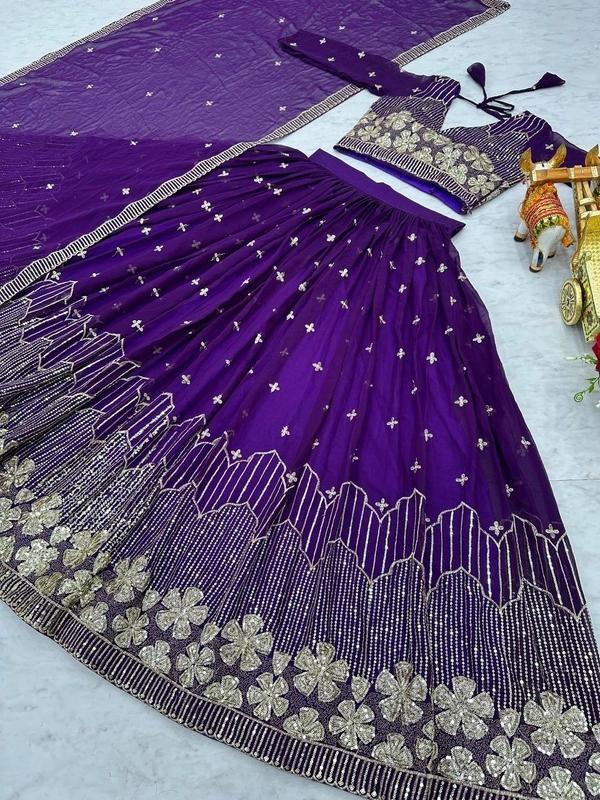 Azorte Fashion New Wedding Heavy Embroidery Sequins Work Fox Georgette Lehenga Choli – Fully Stitched - Honey Flower, L