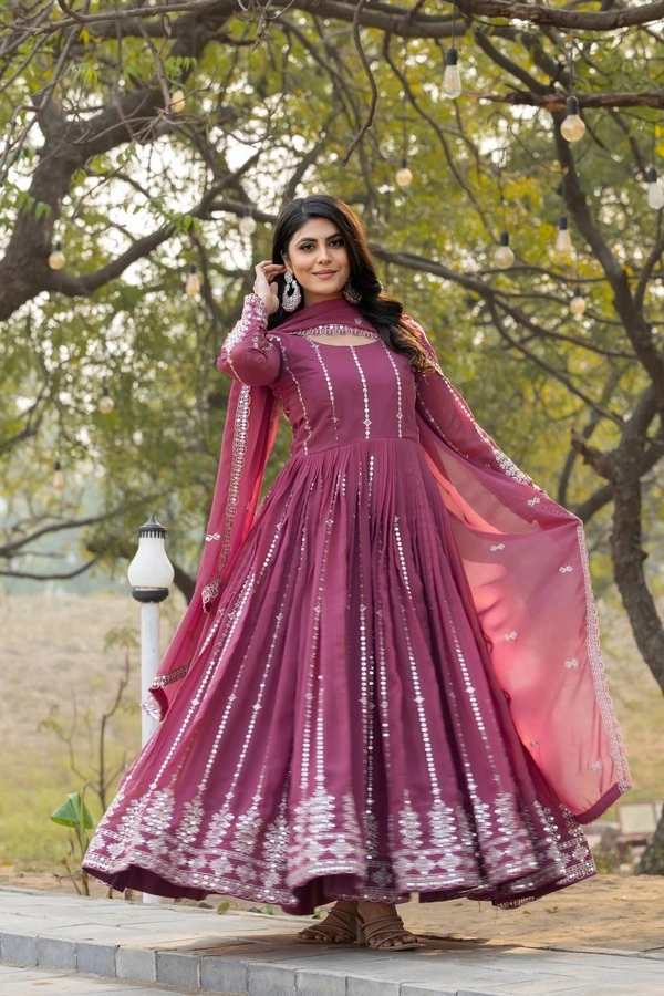 Azorte Fashion New Festival Special Heavy Sequins Work Fox Georgette Long Gown with Dupatta – Fully Stitched - Camelot, XL