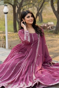 Azorte Fashion New Festival Special Heavy Sequins Work Fox Georgette Long Gown with Dupatta – Fully Stitched - Camelot, XL