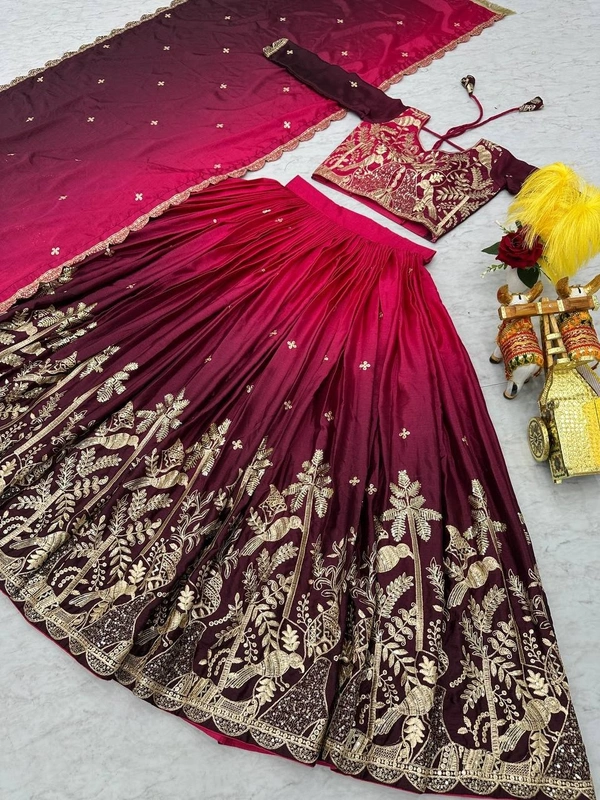 Azorte Fashion New Launch: Elegant Embroidered 3mm Sequins Work Wedding Lehenga Choli – Fully Stitched - Maroon Flush, M