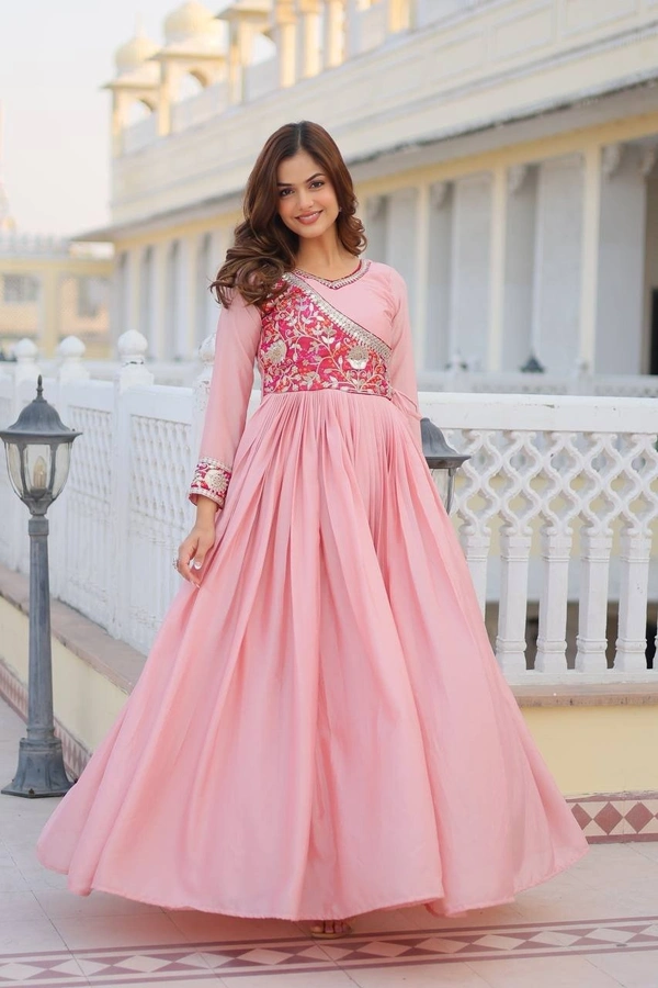 Azorte Fashion New Festival Bandhej Long Gown – Pure Chinon with Gotta Patti Work - Shilo, XL