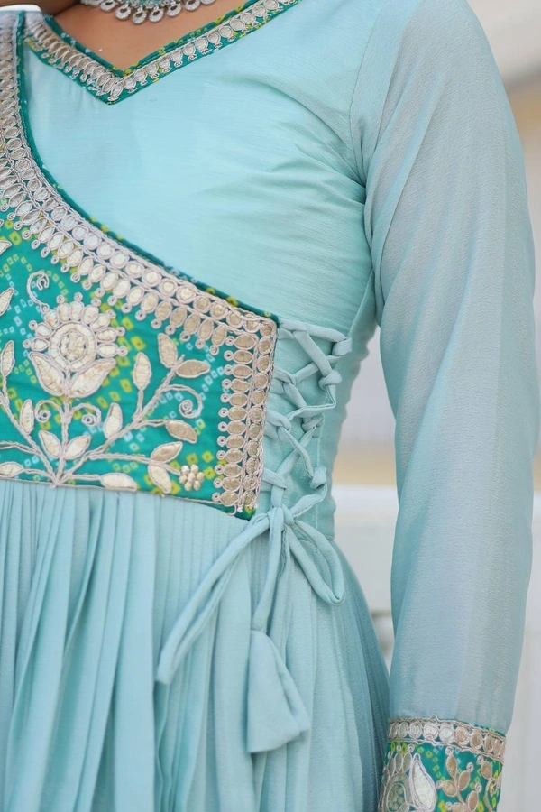 Azorte Fashion New Festival Bandhej Long Gown – Pure Chinon with Gotta Patti Work - Morning Glory, M
