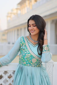 Azorte Fashion New Festival Bandhej Long Gown – Pure Chinon with Gotta Patti Work - Morning Glory, M