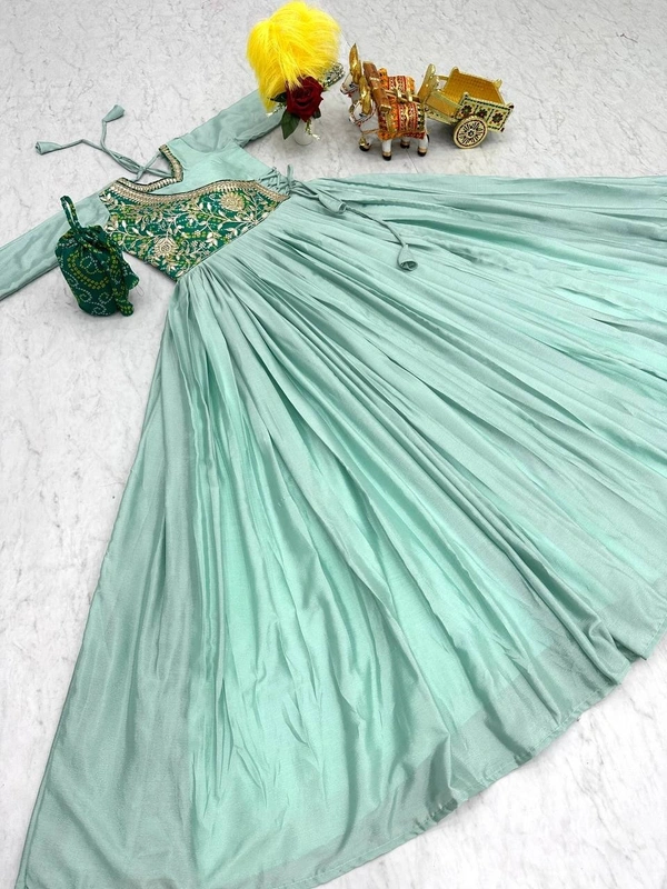 Azorte Fashion New Festival Bandhej Long Gown – Pure Chinon with Gotta Patti Work - Morning Glory, M