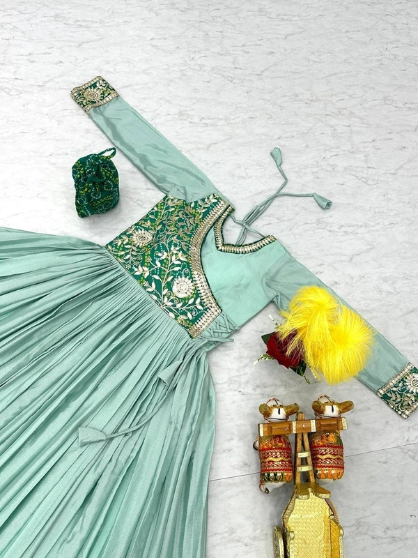 Azorte Fashion New Festival Bandhej Long Gown – Pure Chinon with Gotta Patti Work - Morning Glory, M