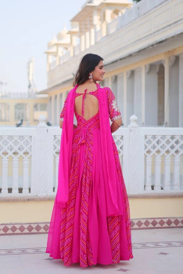 Azorte Fashion  Premium Bandhej Gown & Dupatta | Heavy Embroidery | Wedding & Festive Wear - Razzmatazz, XXL