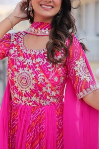 Azorte Fashion  Premium Bandhej Gown & Dupatta | Heavy Embroidery | Wedding & Festive Wear - Razzmatazz, XXL