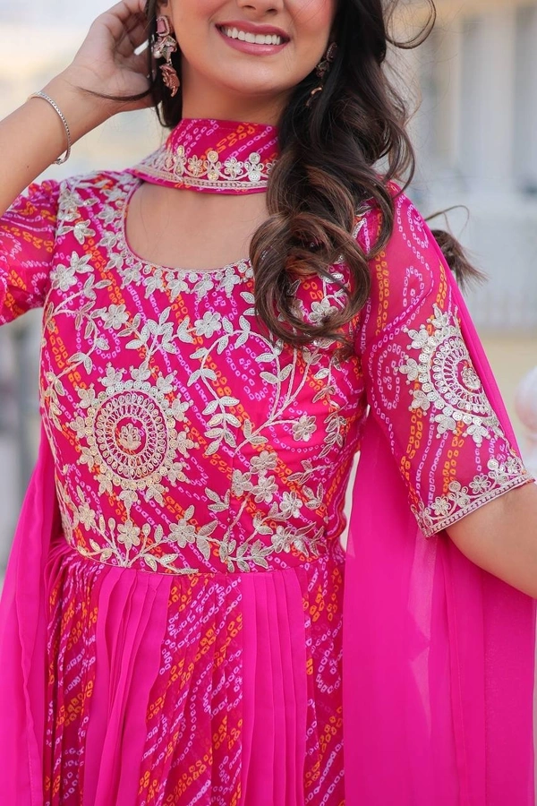 Azorte Fashion  Premium Bandhej Gown & Dupatta | Heavy Embroidery | Wedding & Festive Wear - Razzmatazz, XXL