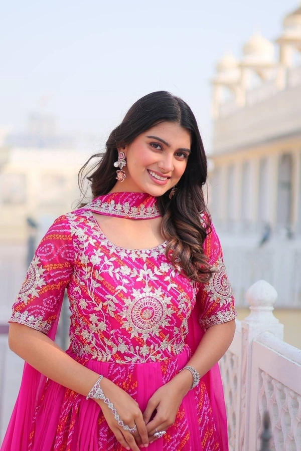 Azorte Fashion  Premium Bandhej Gown & Dupatta | Heavy Embroidery | Wedding & Festive Wear - Razzmatazz, XXL