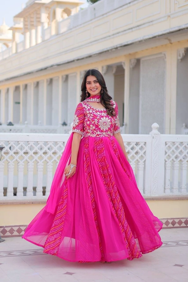 Azorte Fashion  Premium Bandhej Gown & Dupatta | Heavy Embroidery | Wedding & Festive Wear - Razzmatazz, XXL