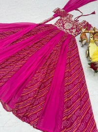 Azorte Fashion  Premium Bandhej Gown & Dupatta | Heavy Embroidery | Wedding & Festive Wear - Razzmatazz, XXL