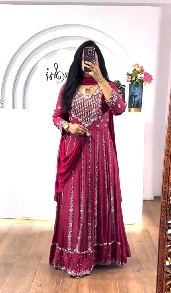 Azorte Fashion New Embroidered Chinon Gown – Elegant Thread & Sequence Work for Weddings & Festive Wear - Hibiscus, XXL